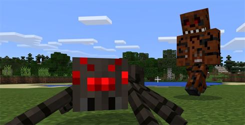 Фредди атакует паука в Minecraft