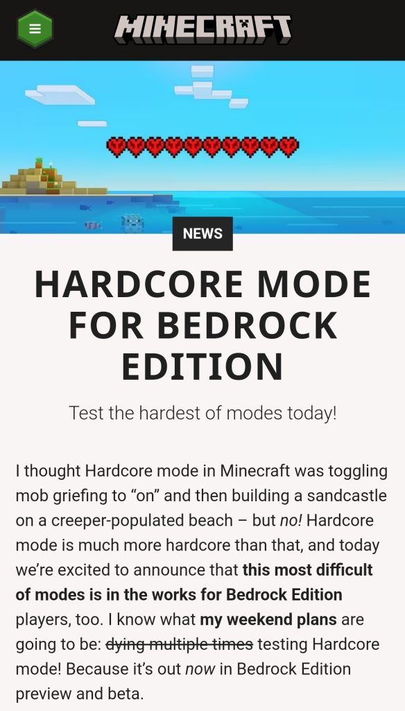Minecraft Bedrock Edition наконец-то получил Хардкорный режим
